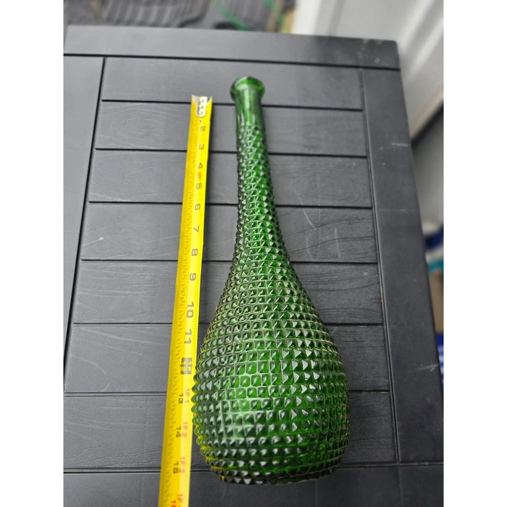 Vintage Emerald Green Hobnail Genie Bottle Glass Decanter Vase 15.5 Inch MCM